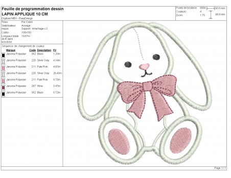 Motif de broderie machine lapin  en appliqué