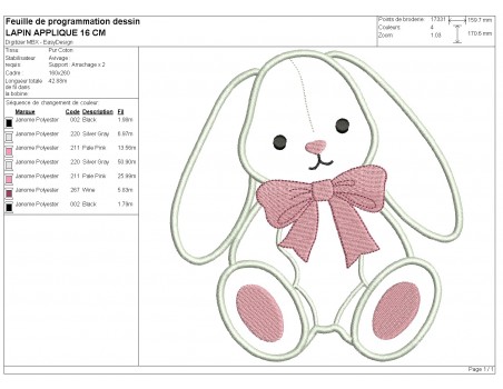 Motif de broderie machine lapin  en appliqué