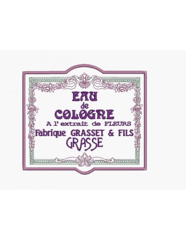 Motif de broderie machine cadre fleurs publicité eau de cologne