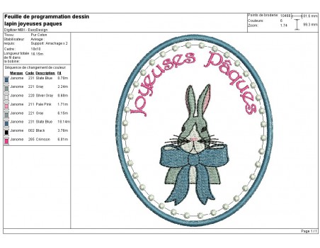 Motif de broderie machine lapin de pâques