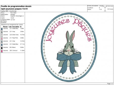 Motif de broderie machine lapin de pâques