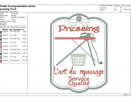 Motif de broderie machine étiquette pressing