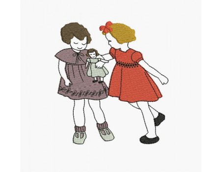 Motif de broderie machine fillettes jouant à la poupée