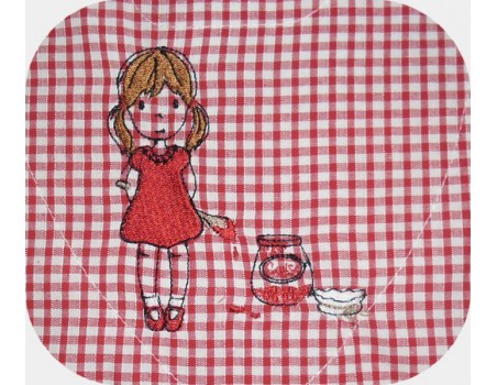 Instant download machine embroidery girl and her cherry jam jar