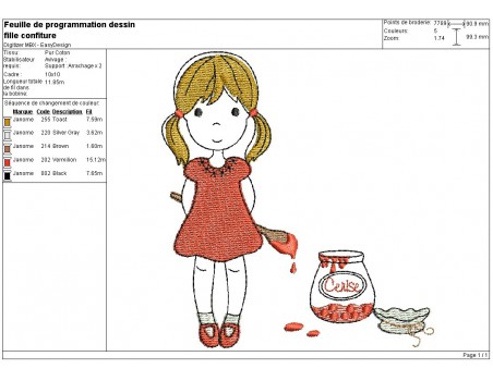 Instant download machine embroidery girl and her cherry jam jar