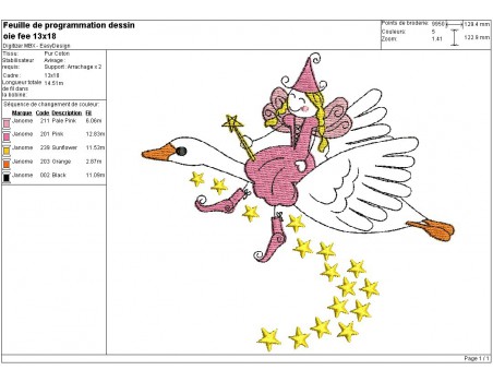 Motif de broderie machine fée des étoiles sur son oie volante