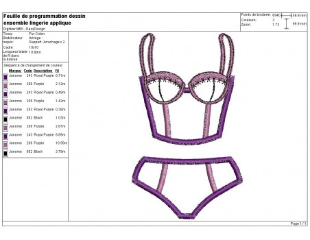 Motif de broderie machine ensemble lingerie appliquée