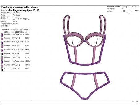 Motif de broderie machine ensemble lingerie appliquée