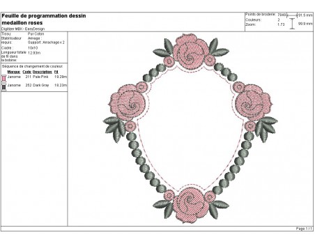 Motif de broderie machine médaillon aux roses