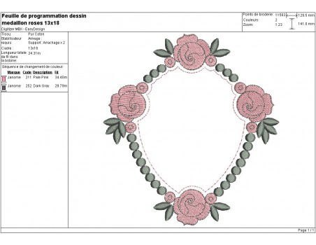 Motif de broderie machine médaillon aux roses