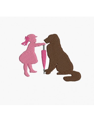 Motif de broderie machine silhouette fille avec son gros chien