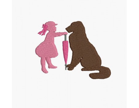 Motif de broderie machine silhouette fille avec son gros chien