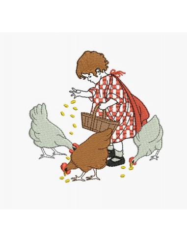 Motif de broderie machine fillette et ses poules