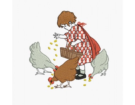 Motif de broderie machine fillette et ses poules