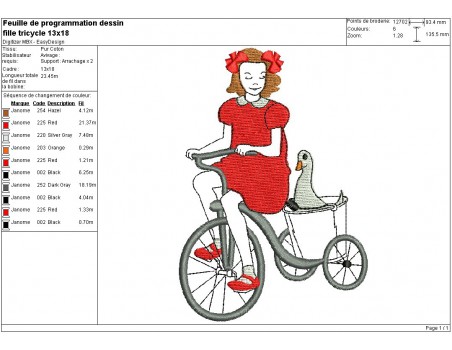 Motif de broderie machine fillette sur son tricycle avec une oie