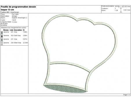 Motif de broderie machine toque de cuisinier