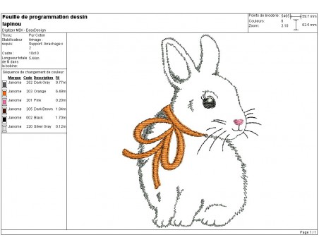 Motif de broderie machine petit lapin avec un noeud