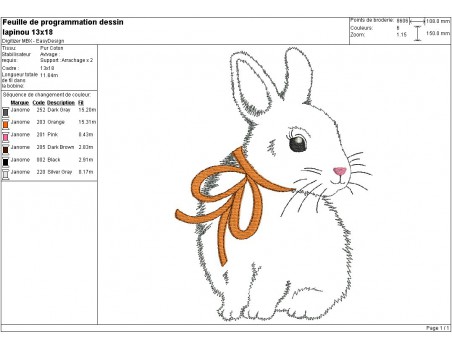 Motif de broderie machine petit lapin avec un noeud