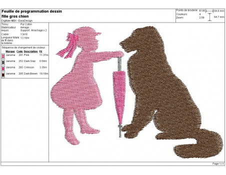 Motif de broderie machine silhouette fille avec son gros chien