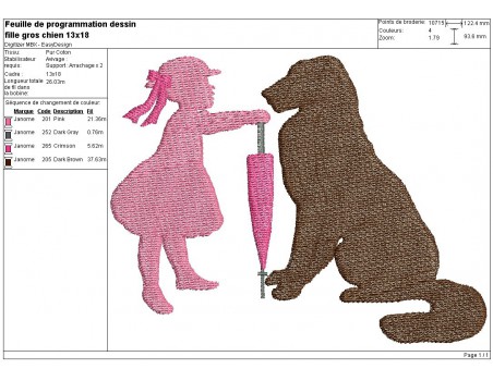 Motif de broderie machine silhouette fille avec son gros chien