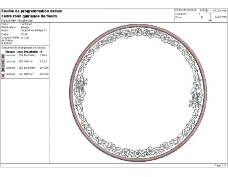 Motif de broderie machine cadre rond guirlande de fleurs