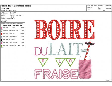 Motif de broderie machine boire du lait fraise