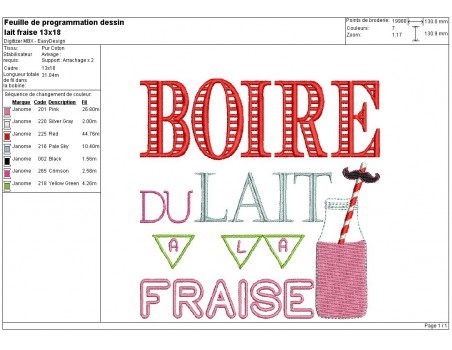 Motif de broderie machine boire du lait fraise