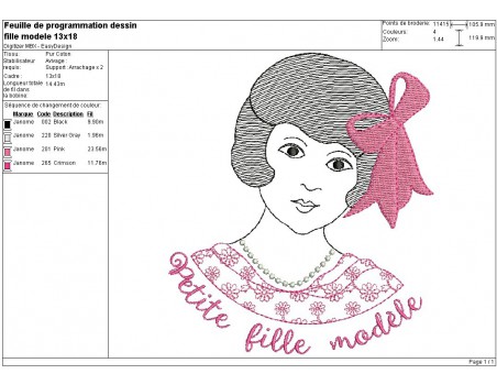 Motif de broderie machine petite fille modèle