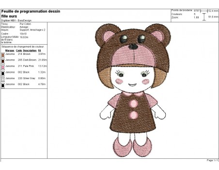Instant download machine embroidery design  little girl dressed as a bear