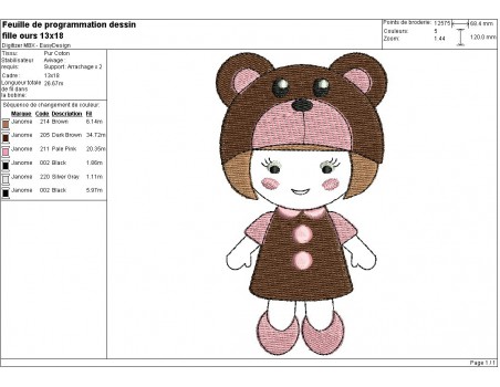Instant download machine embroidery design  little girl dressed as a bear