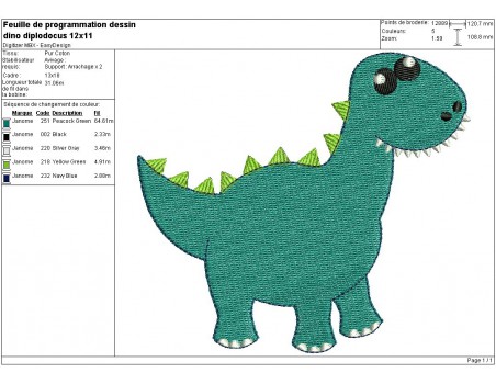 Instant download machine embroidery design diplodocus dinosaur