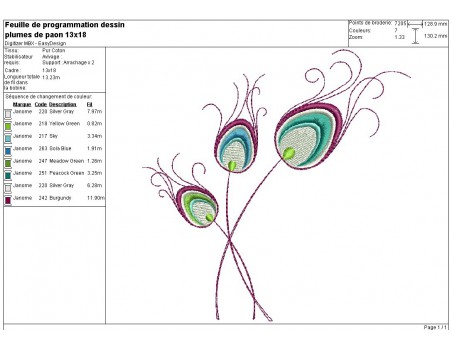 Motif de broderie machine plumes de paon