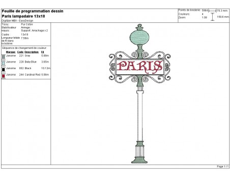 Motif de broderie machine Paris lampadaire métro