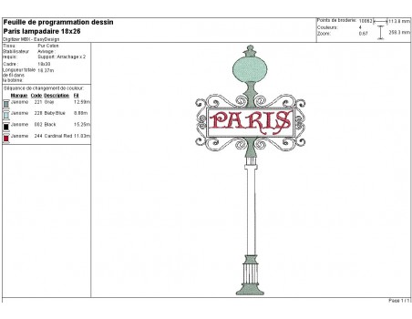 Motif de broderie machine Paris lampadaire métro