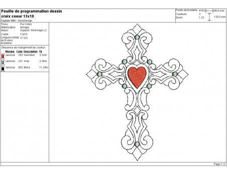 Motif de broderie machine croix coeur