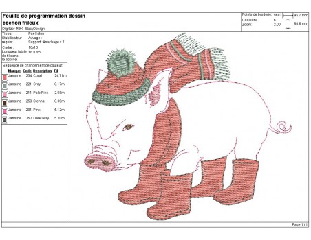 Motif de broderie machine cochon frileux