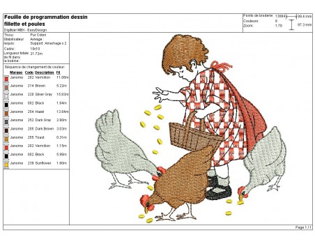 Motif de broderie machine fillette et ses poules