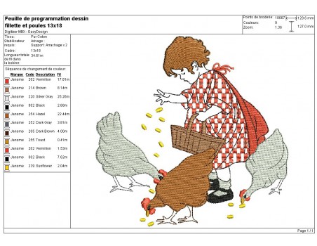 Motif de broderie machine fillette et ses poules