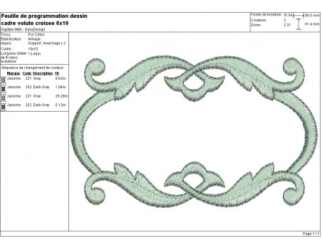 Motif de broderie machine cadre double volutes