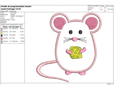 Instant download machine embroidery design mouse with his piece of cheese