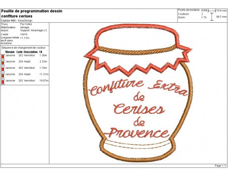 Motif de broderie machine confiture de cerises de Provence