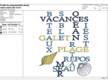 Instant download machine embroidery design Crossword Summer