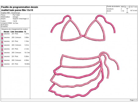 Motif de broderie machine maillot de bain  paréo fille