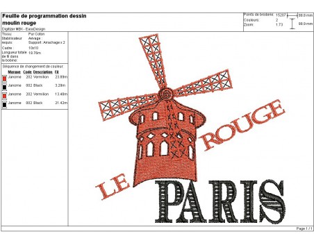 Motif de broderie machine paris Moulin Rouge