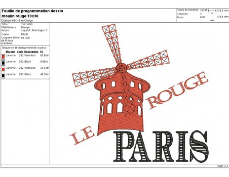 Motif de broderie machine paris Moulin Rouge