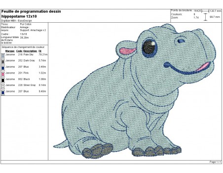 Instant download machine embroidery design hippopotamus