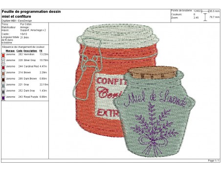 Motif de broderie machine  miel et confiture