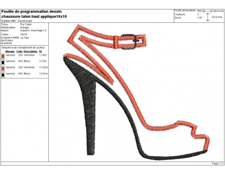 Motif de broderie machine chaussure appliquée  talon haut