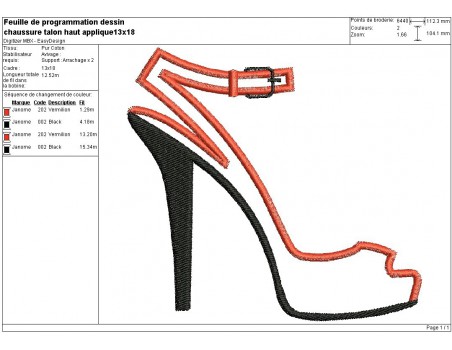 Motif de broderie machine chaussure appliquée  talon haut