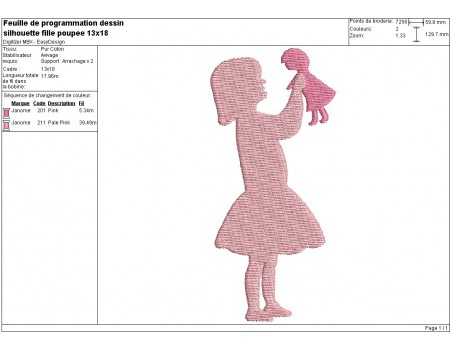 Motif de broderie machine silhouette fille jouant à la poupée